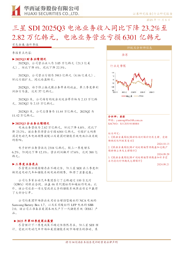 三星 SDI 2025Q3电池业务收入同比下降23.2%至2.82万亿韩元,电池业务营业亏损6301亿韩元