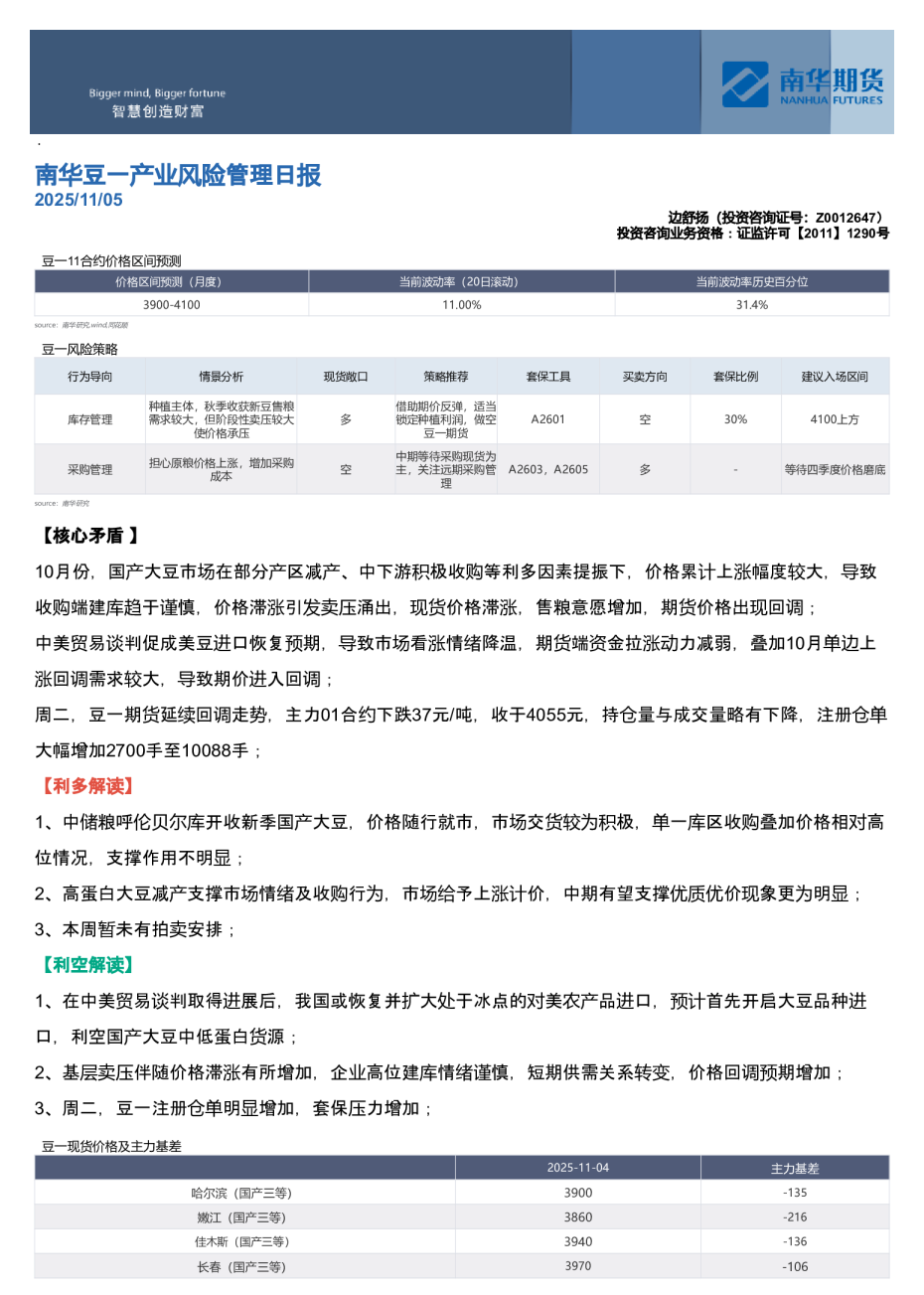 南华豆一产业风险管理日报