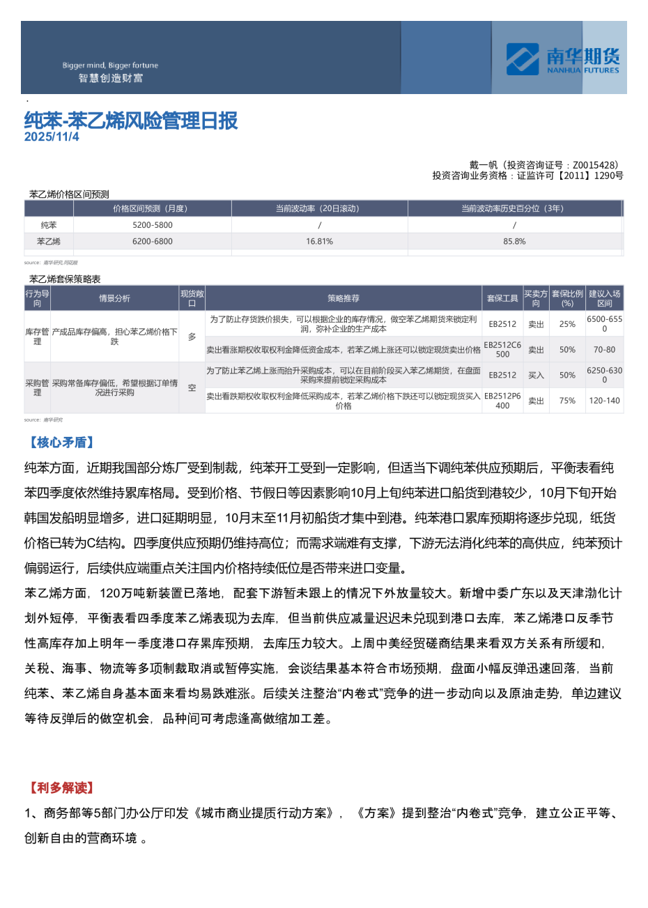 纯苯苯乙烯风险管理日报