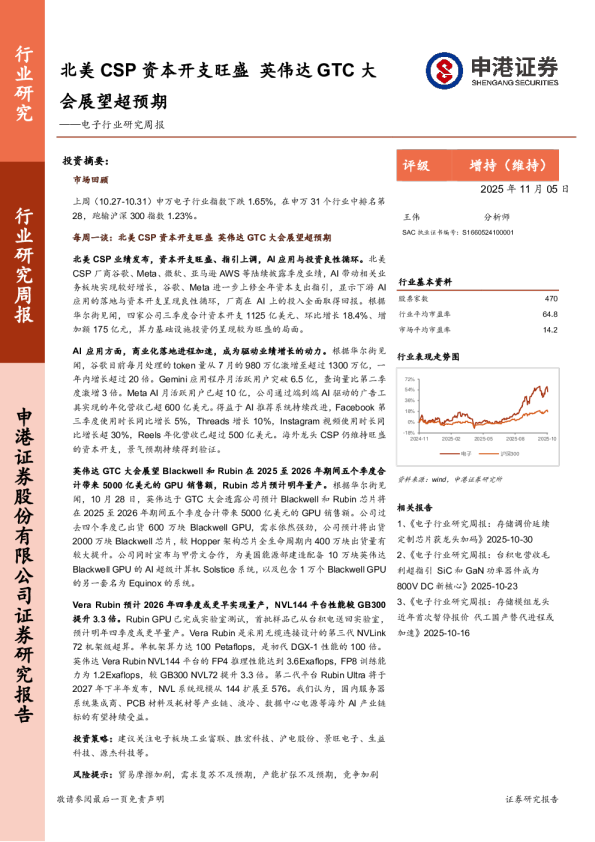 电子行业研究周报：北美CSP资本开支旺盛 英伟达GTC大会展望超预期