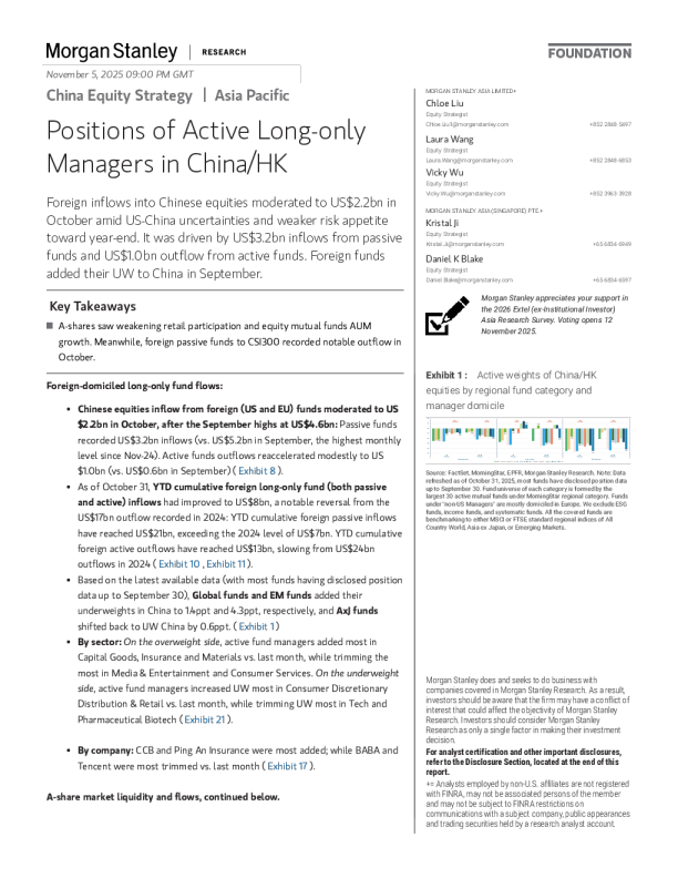 中国股票策略：中国/香港主动型多头基金经理持仓