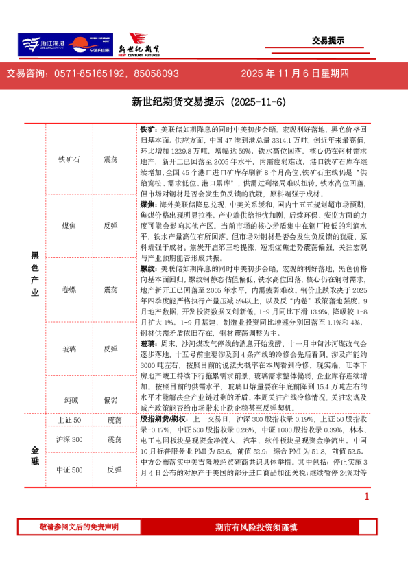 新世纪期货交易提示（2025-11-6）