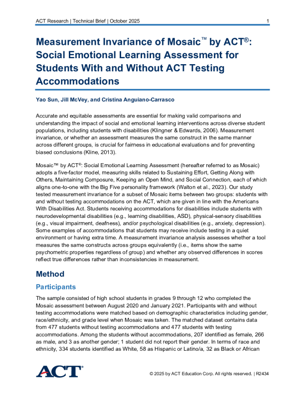 act对马赛克的测量不变性：有和没有act测试适应的学生社会情绪学习评估