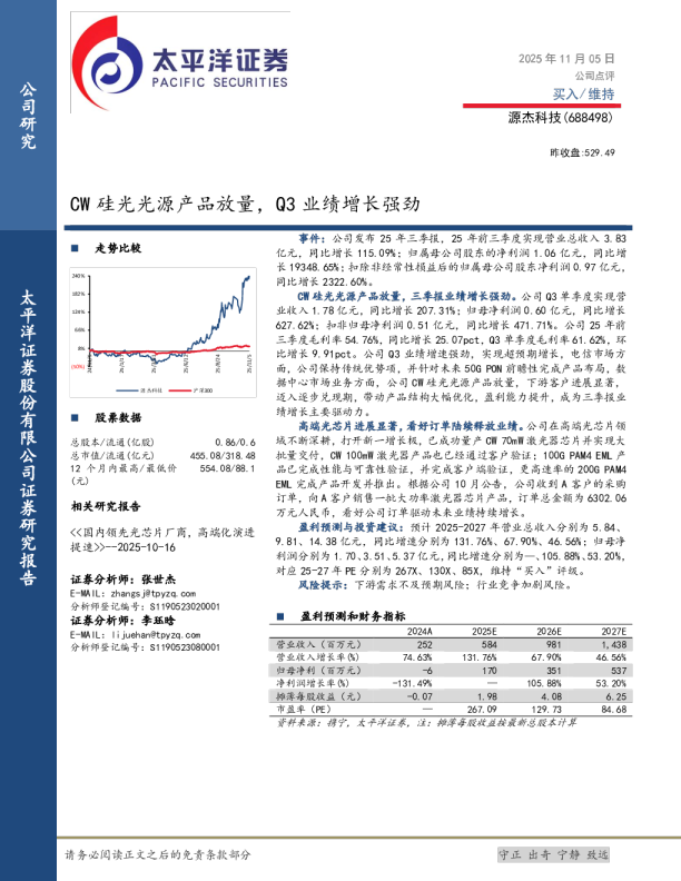CW硅光光源产品放量，Q3业绩增长强劲