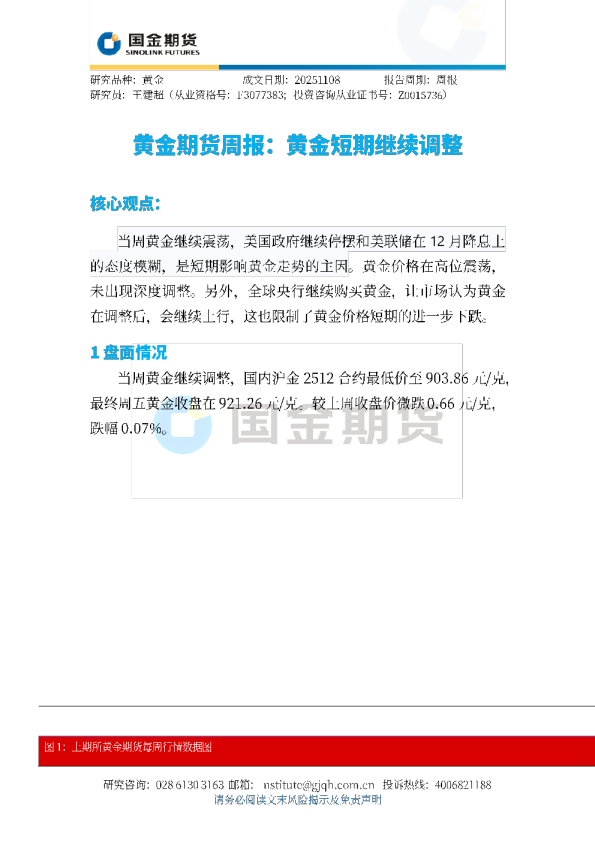 黄金期货周报：黄金短期继续调整
