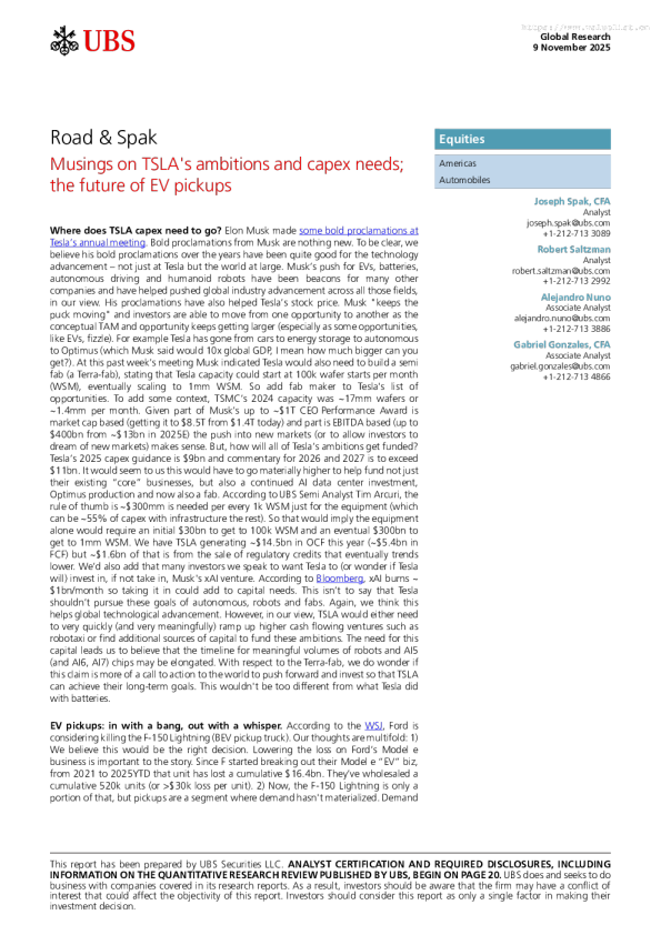 关于特斯拉（TSLA）的雄心与资本支出需求；电动汽车皮卡的未来思考