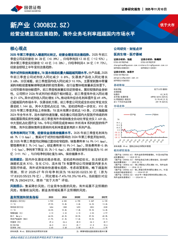 营业绩呈现改善趋势，海外业务毛利率超越国内市场水平