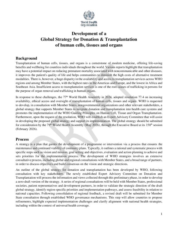 制定人类细胞、组织和器官捐赠和移植全球战略