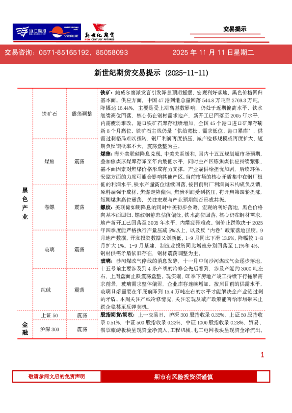 新世纪期货交易提示（2025-11-11）