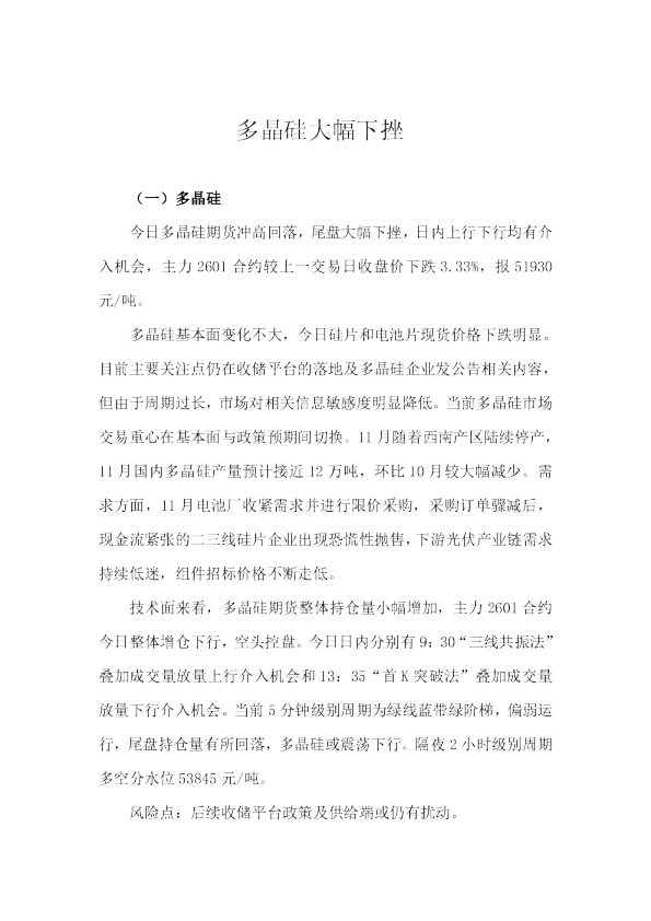 多晶硅大幅下挫