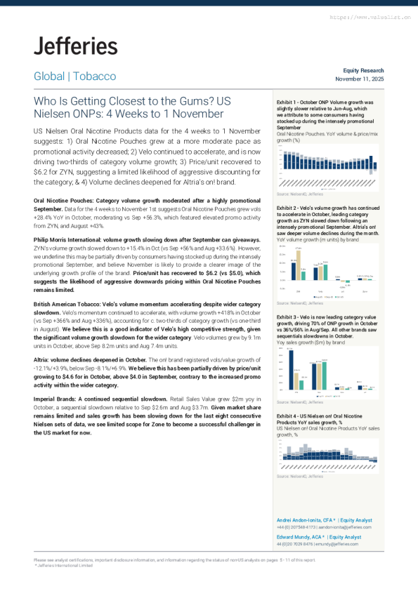 谁能最贴近消费者需求？美国尼尔森口腔尼古丁产品：截至11月1日的4周数据