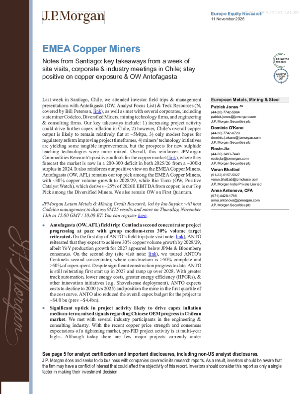 欧洲、中东及非洲铜矿业公司：圣地亚哥考察笔记：智利一周实地考察、企业及行业会议要点；维持对铜资产的积极看法及安托法加斯塔的增持评级
