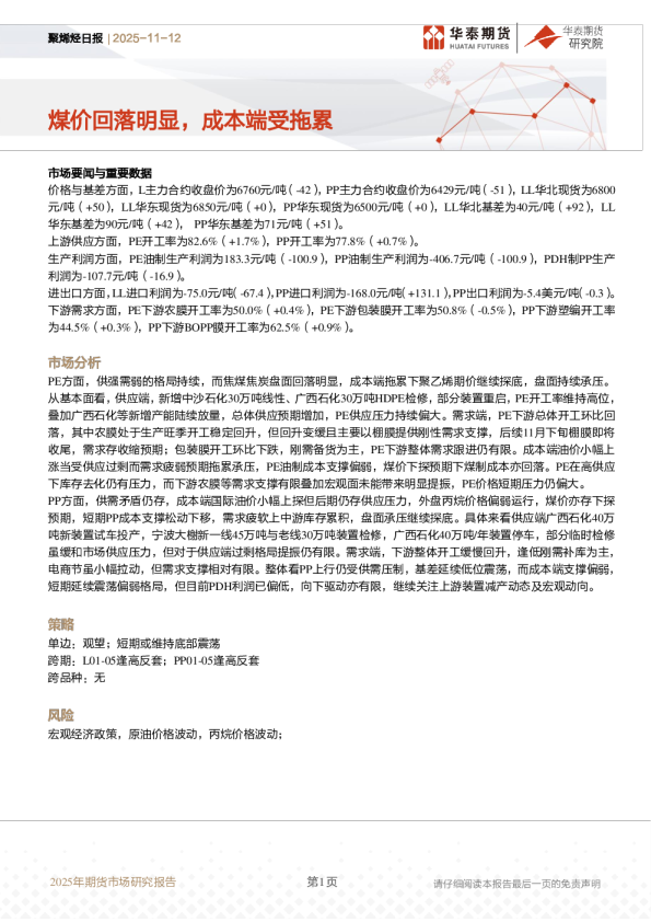 聚烯烃日报：煤价回落明显，成本端受拖累