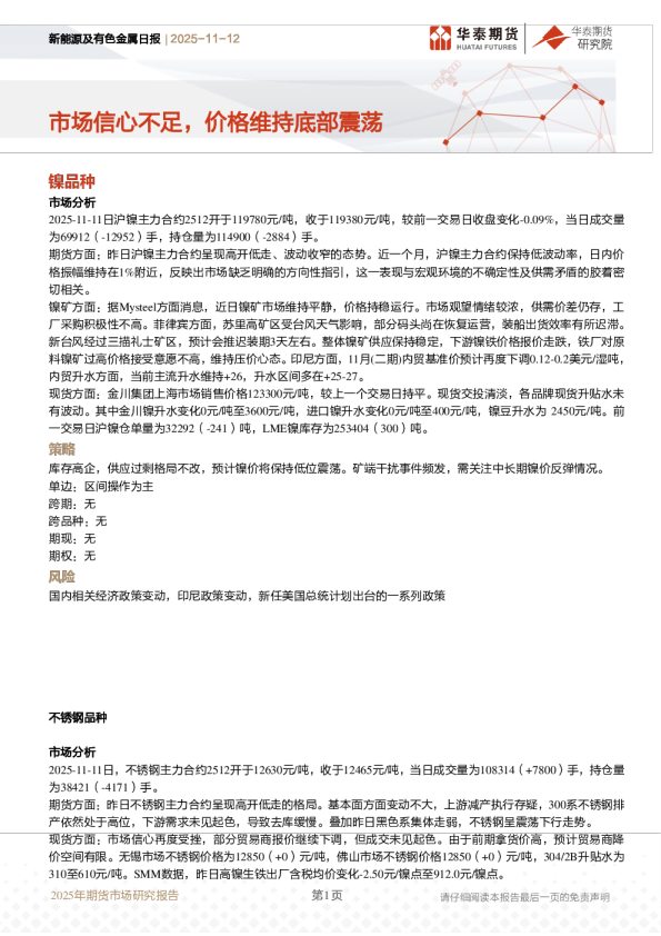 新能源及有色金属日报：市场信心不足，价格维持底部震荡