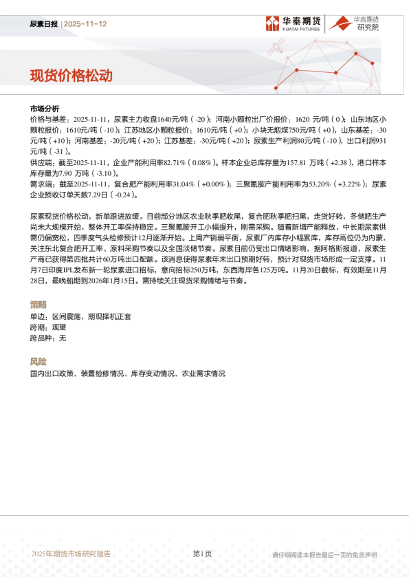 尿素日报：现货价格松动