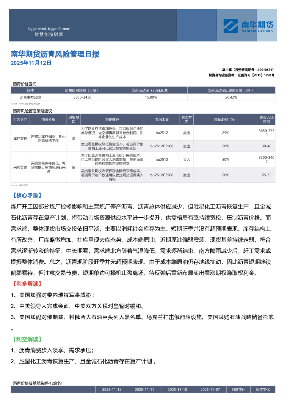 南华期货沥青风险管理日报
