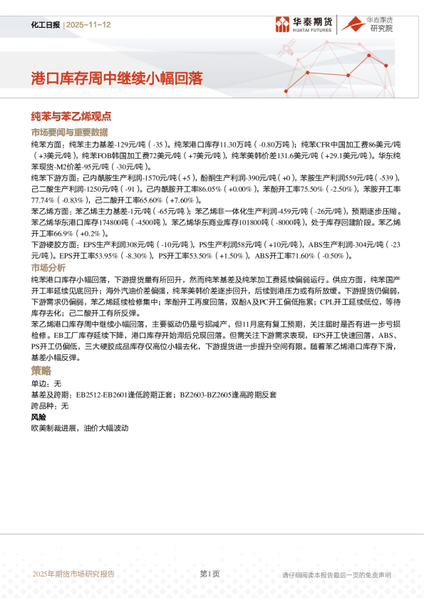化工日报：港口库存周中继续小幅回落