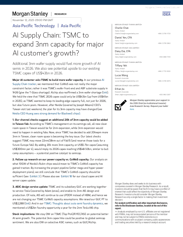 人工智能供应链：台积电会为主要人工智能客户的增长扩大3纳米产能吗？