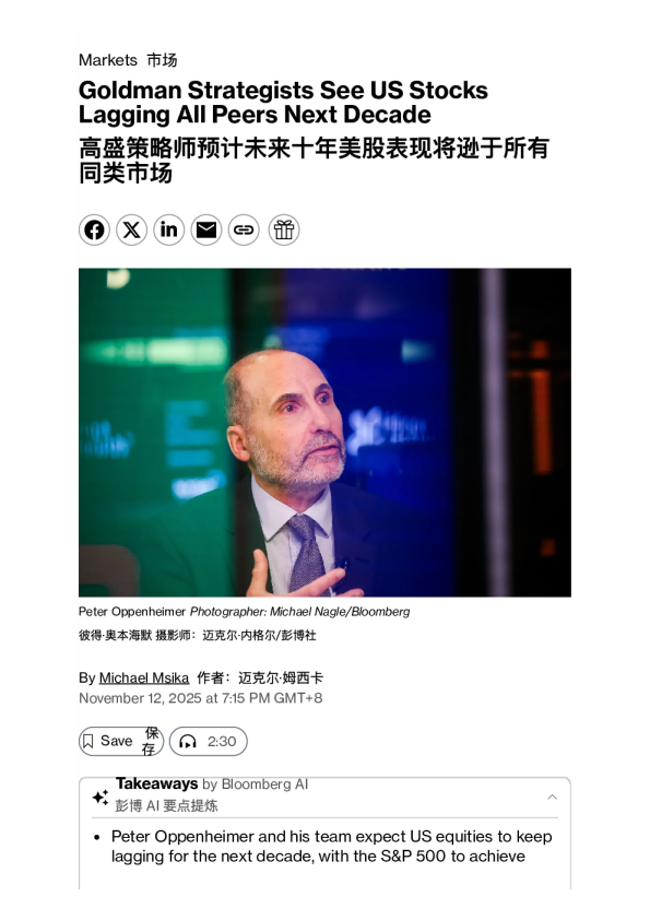 高盛策略师预计未来十年美股表现将逊于所有同类市场