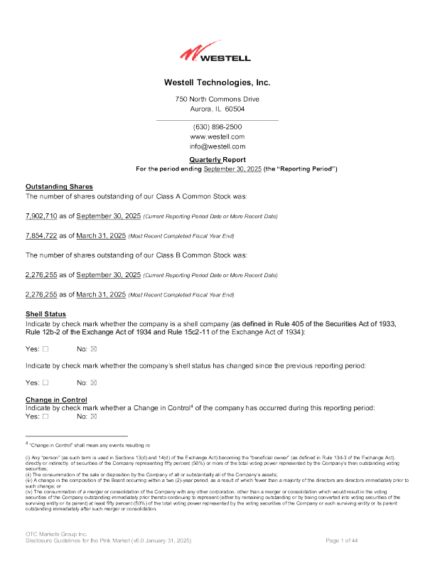 Westell Technologies Inc 2025年季度报告