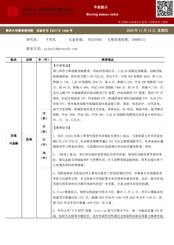 格林大华期货早盘提示