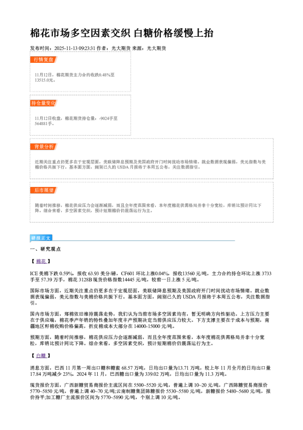棉花市场多空因素交织 白糖价格缓慢上抬