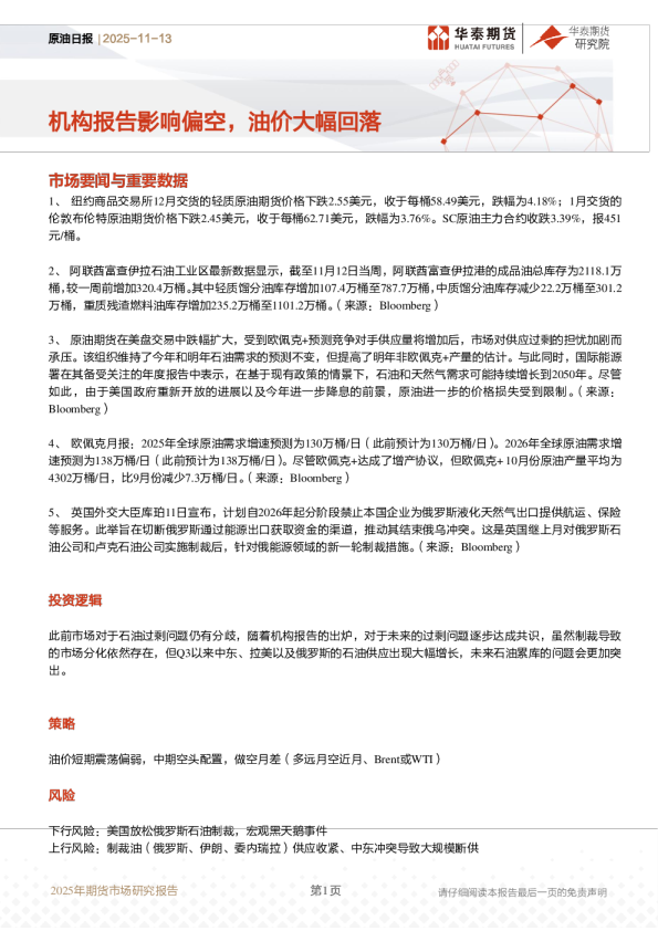 原油日报：机构报告影响偏空，油价大幅回落