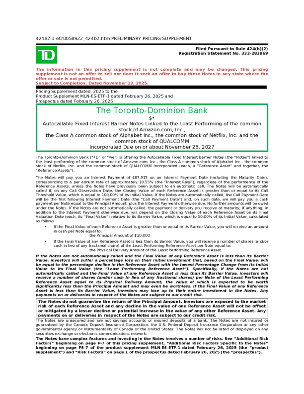 道明银行美股招股说明书(2025-11-13版)