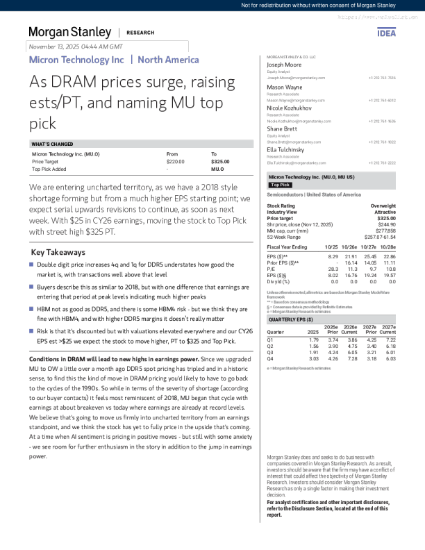 美光科技（MU.O）：随着DRAM价格飙升，上调盈利预测/目标价并将其列为首选股