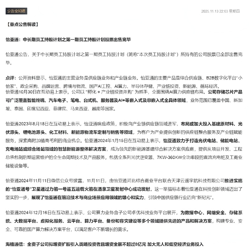 怡亚通：中长期员工持股计划之第一期员工持股计划股票出售完毕