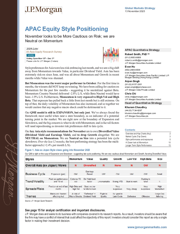 亚太股票风格定位：11月对风险更为谨慎；对动量因子持中性态度