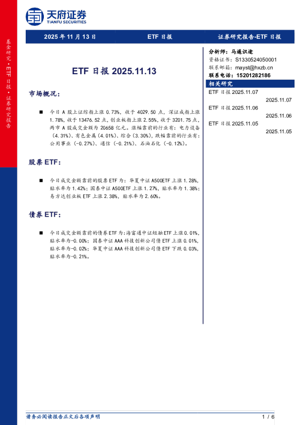 天府证券ETF日报