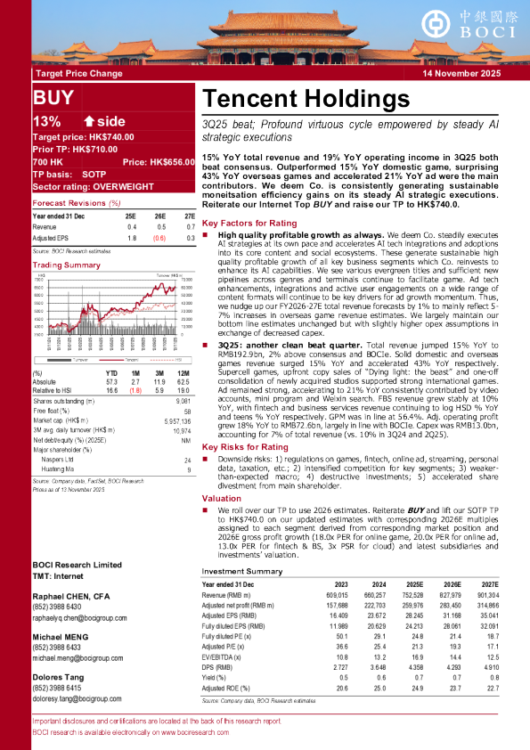 腾讯控股：2025年第三季度业绩超预期；稳健AI战略执行赋能深度良性循环