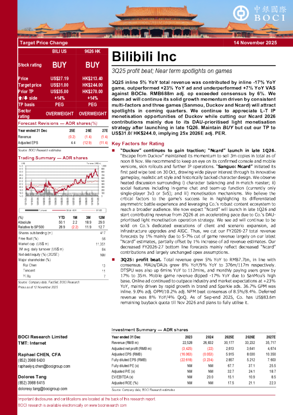 哔哩哔哩公司：2025年第三季度利润超预期；近期聚焦游戏业务