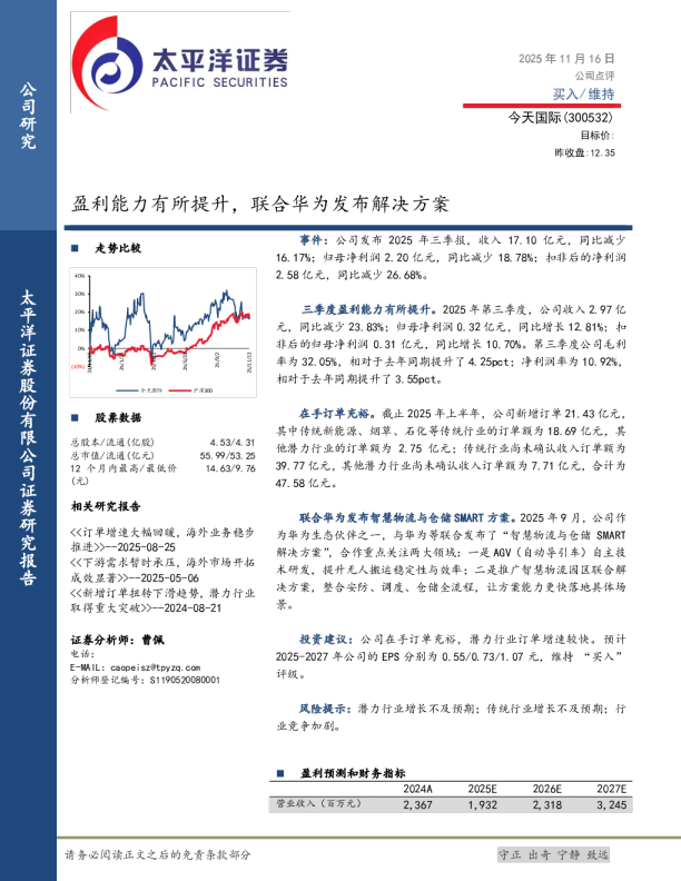 今天国际(300532)：盈利能力有所提升，联合华为发布解决方案