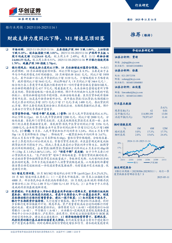 财政支持力度同比下降，M1增速见顶回落：银行业周报（20251110-20251116）