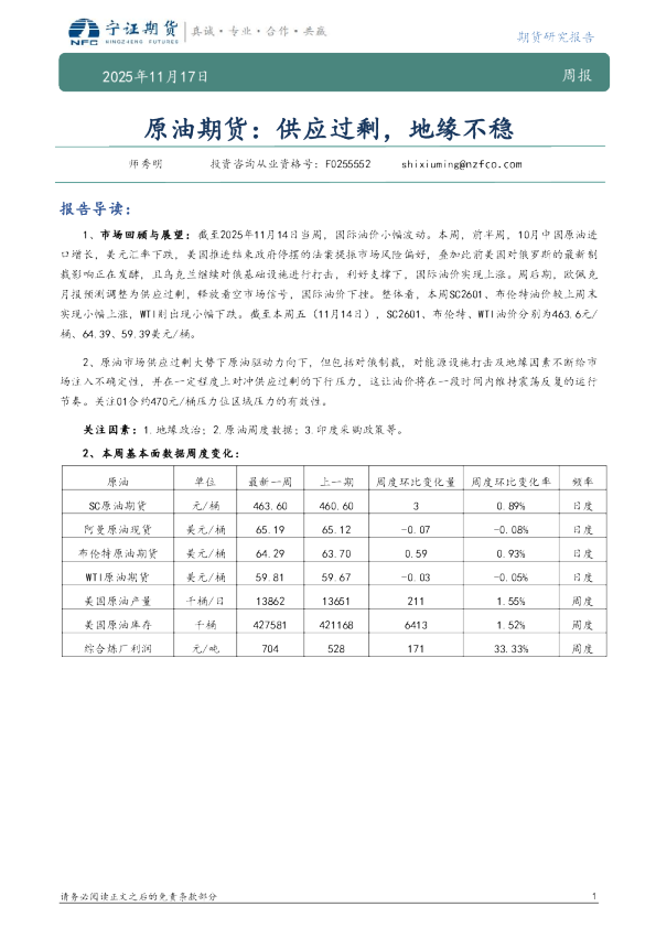 原油期货：供应过剩，地缘不稳