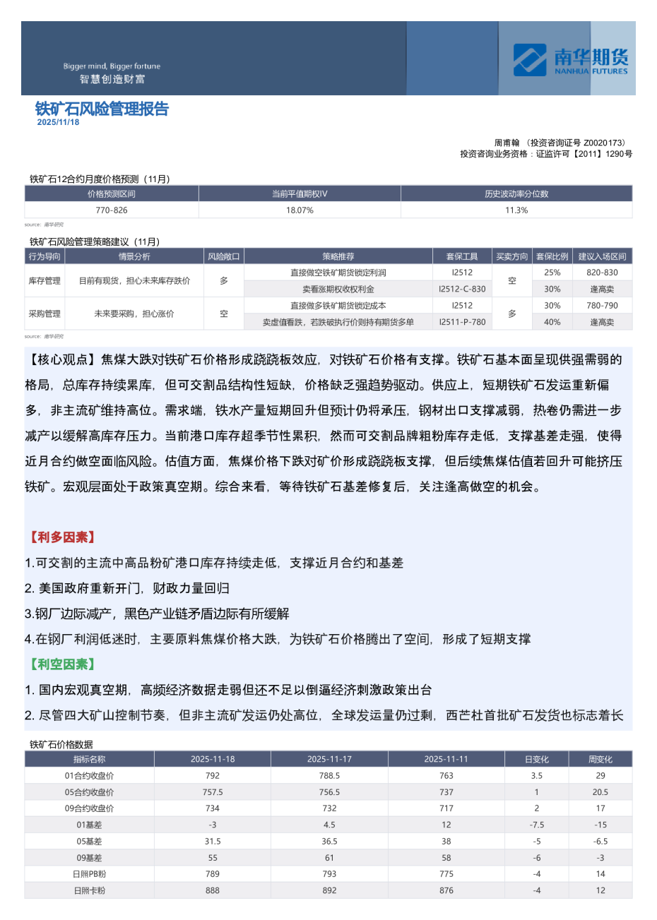 铁矿石12合约月度价格预测（11月）