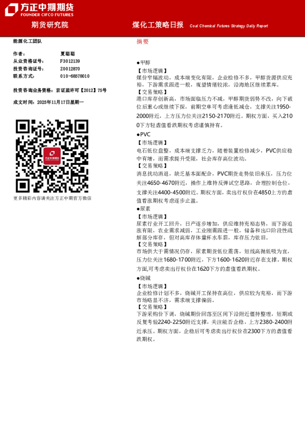 煤化工策略日报
