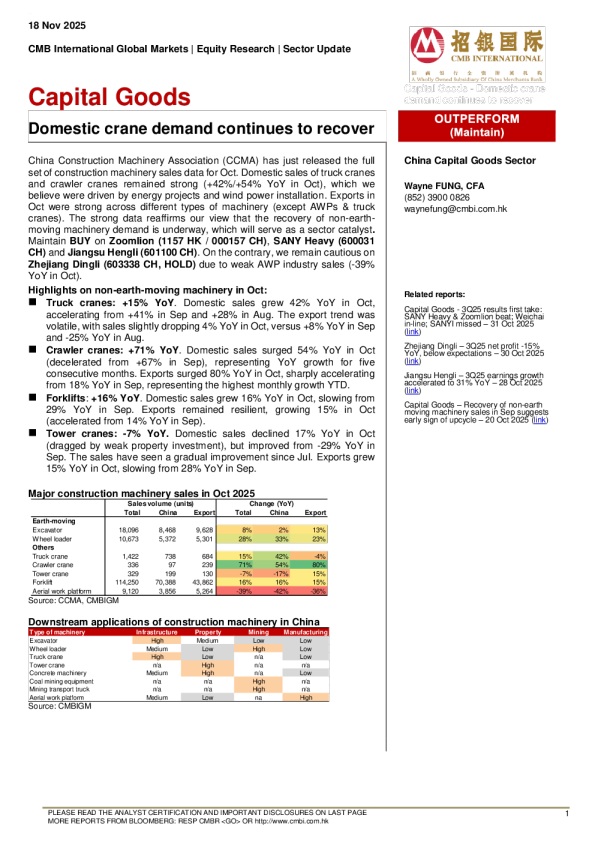 资本货物：国内起重机需求持续复苏