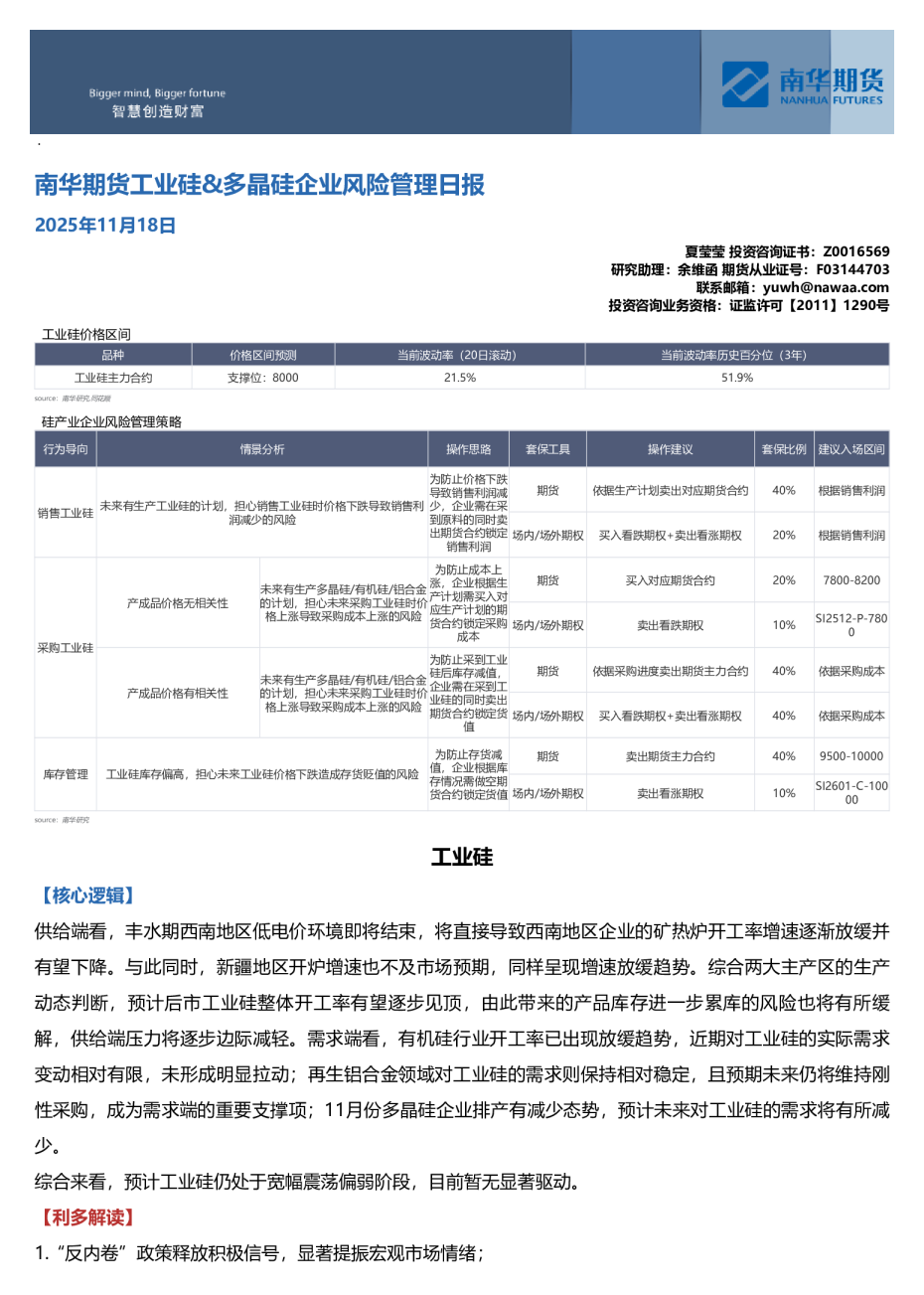 工业硅&多晶硅企业风险管理日报