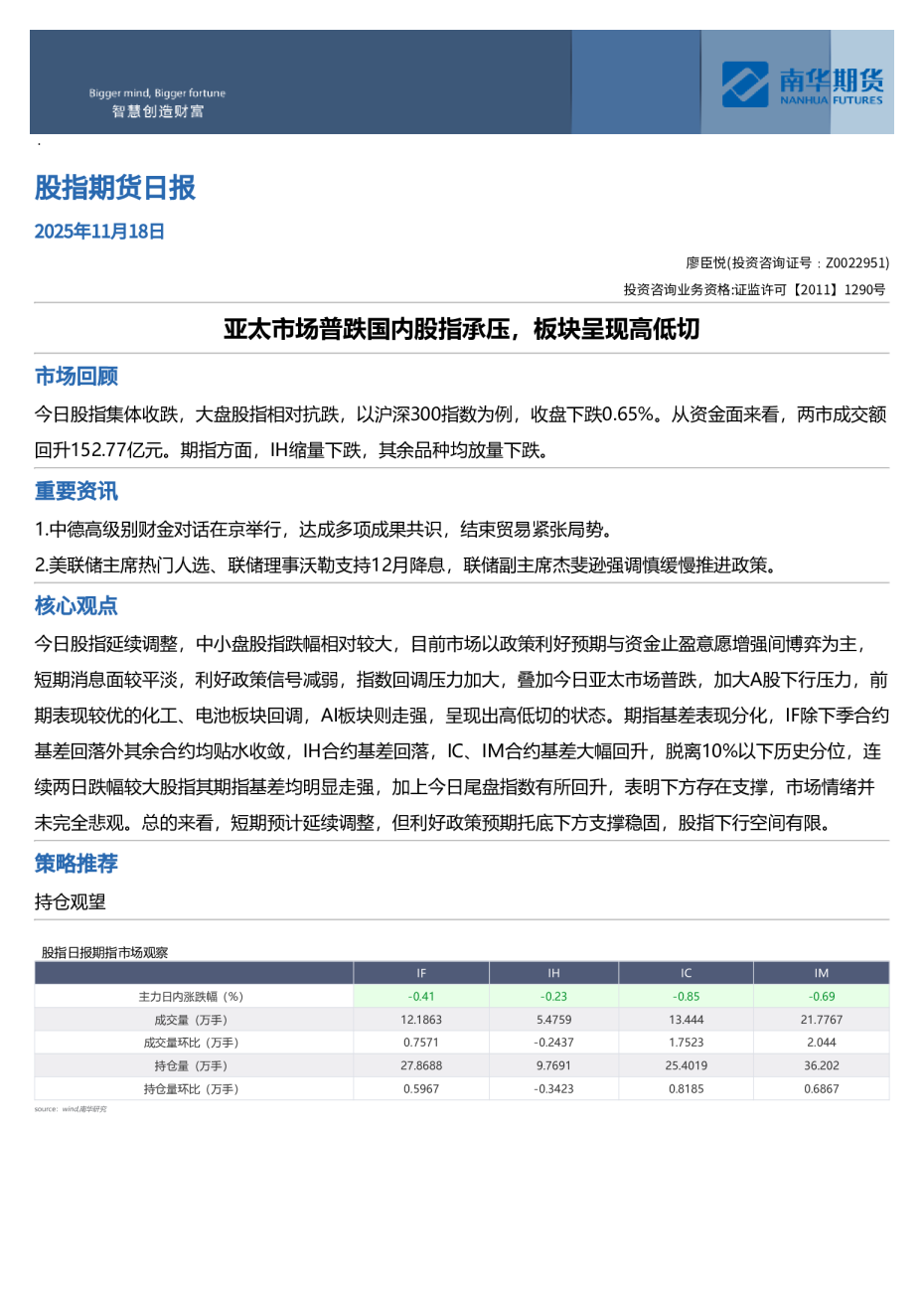 南华股指日报：亚太市场普跌国内股指承压，板块呈现高低切20251118