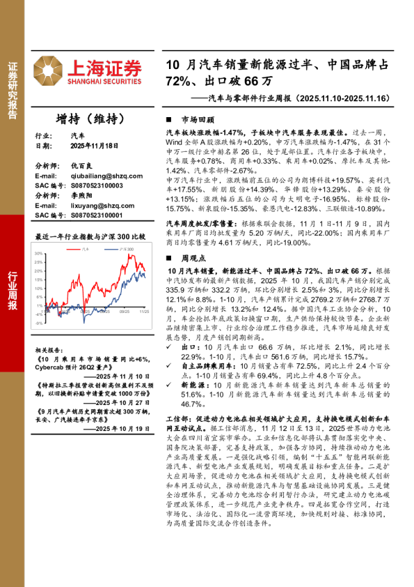 汽车与零部件行业周报：10月汽车销量新能源过半、中国品牌占72%、出口破66万