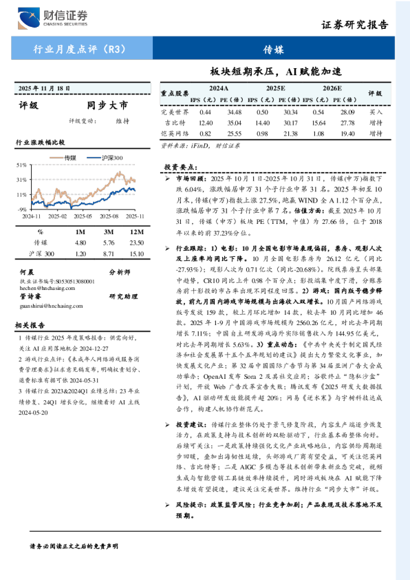 传媒行业月度点评：板块短期承压，AI赋能加速