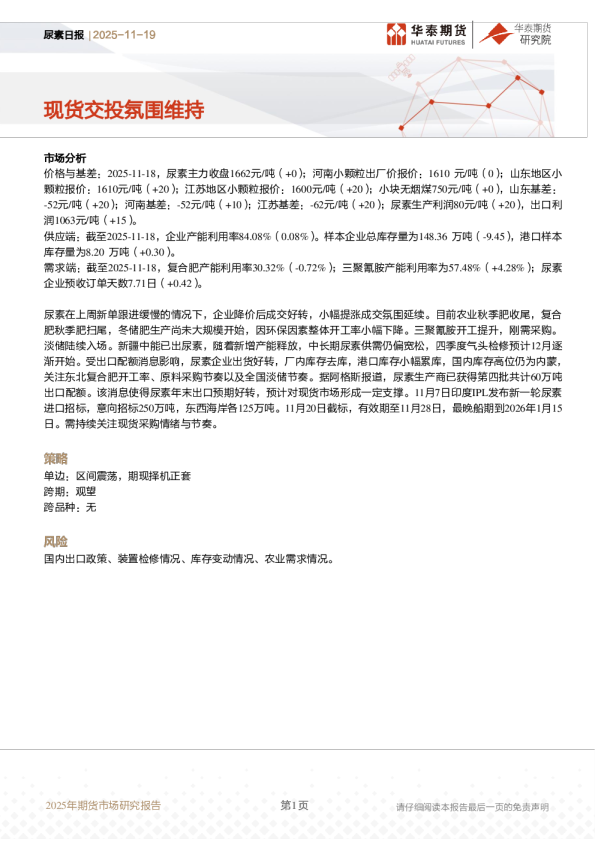 尿素日报：现货交投氛围维持