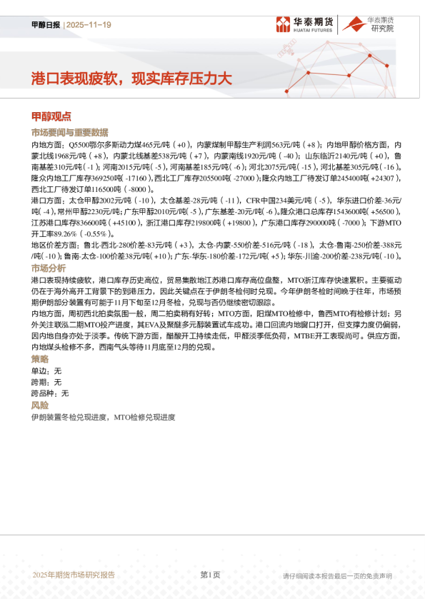 甲醇日报：港口表现疲软，现实库存压力大