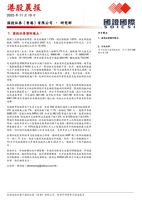 国政国际港股晨报