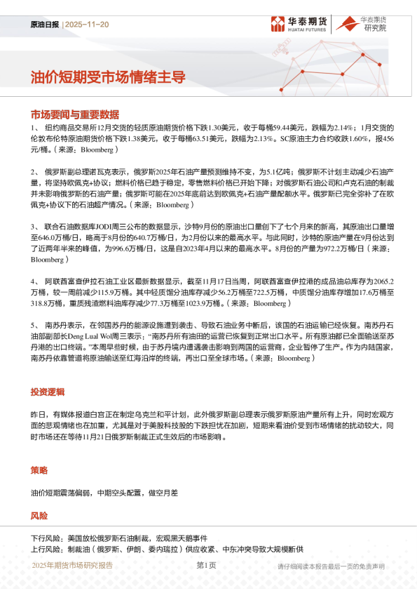 原油日报：油价短期受市场情绪主导