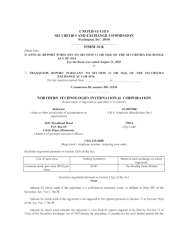 Northern Technologies International Corp 2024年度报告