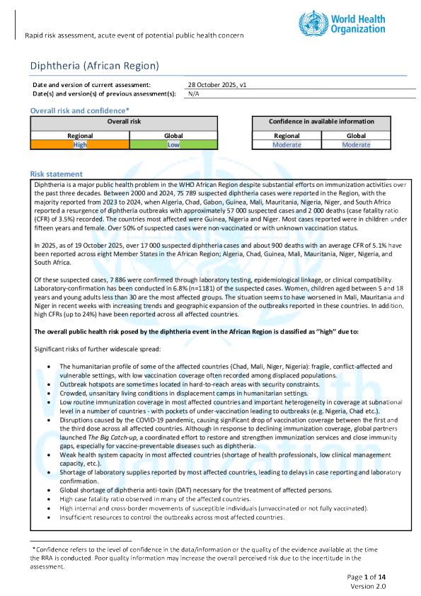 世界卫生组织快速风险评估-非洲地区白喉第1版